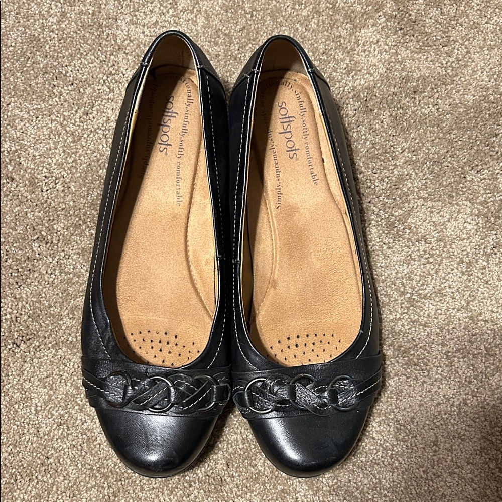 Softspots Black Women's Flats with Braided Detail Leather Upper